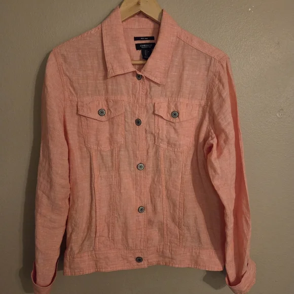 JONES & CO. Coral Peach 100% Linen Button Front Lagenlook Beachy Shacket Size L - Picture 2 of 12